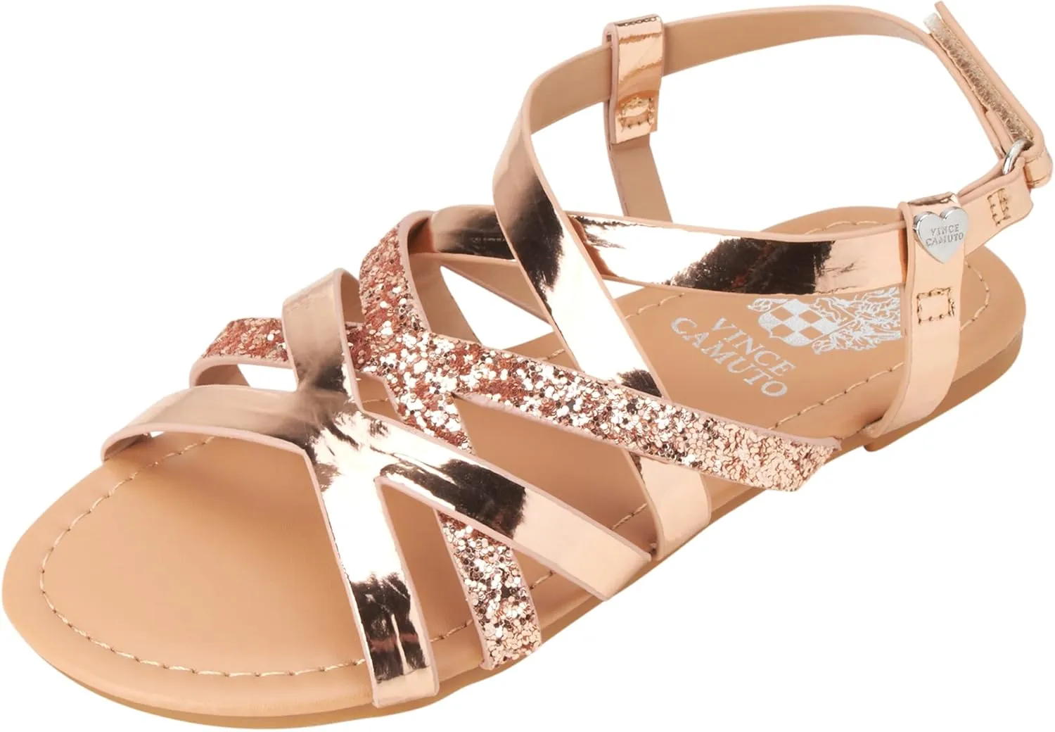 Vince Camuto Girls' Sandals - Open Toe Summer Strappy Flat Dress Shoes with Glitters and Secure Hook and Look Closure