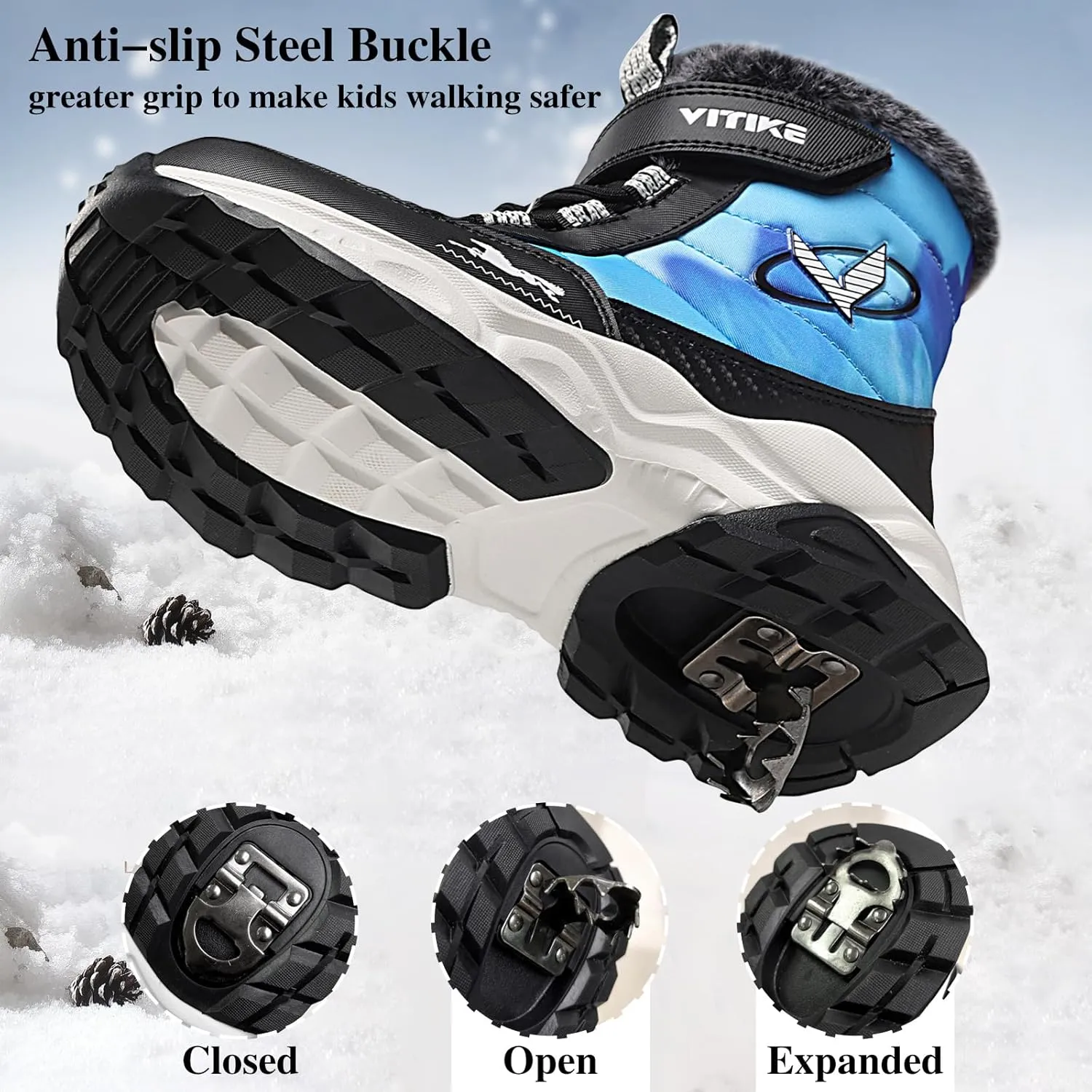 VITUOFLY Boys Hiking Boots Kids Hiking Shoes Girls Outdoor Warm Winter Snow Boots Adventure Trekking Shoes Anti-skid Sneakers Steel Buckle Durable Comfortable
