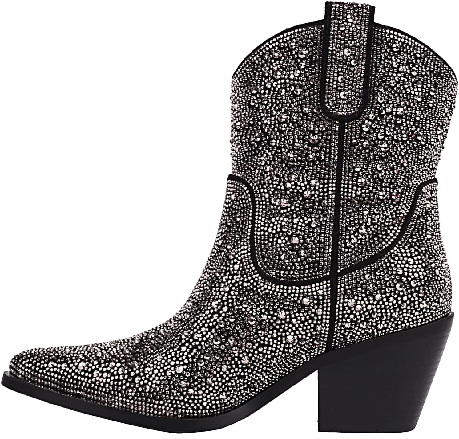 vivianly Rhinestone Cowboy Boots for Women Western Glitter Ankle Boots Cowgirl Boots, Women's Mid Calf Sparkling Diamond Boots Pointed Toe Chunky Heel Boots