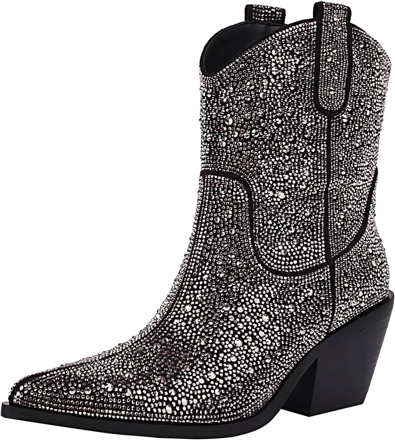 vivianly Rhinestone Cowboy Boots for Women Western Glitter Ankle Boots Cowgirl Boots, Women's Mid Calf Sparkling Diamond Boots Pointed Toe Chunky Heel Boots
