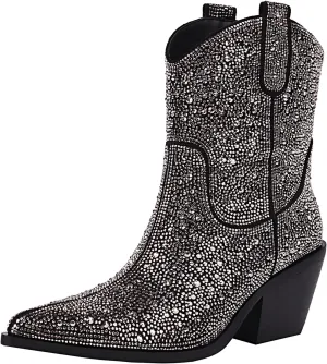 vivianly Rhinestone Cowboy Boots for Women Western Glitter Ankle Boots Cowgirl Boots, Women's Mid Calf Sparkling Diamond Boots Pointed Toe Chunky Heel Boots