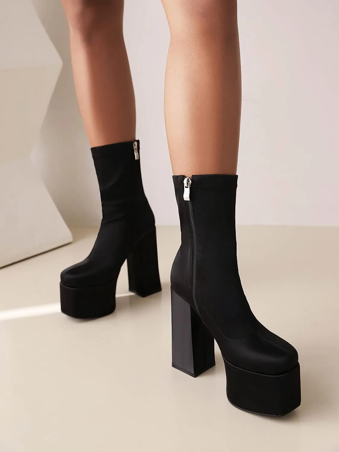 vivianly Women's Platform Ankle BootsHigh Chunky Heel Mid-Calf Boots