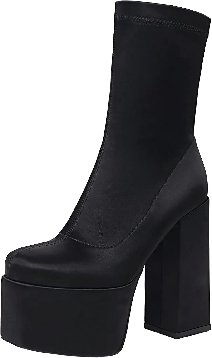 vivianly Women's Platform Ankle BootsHigh Chunky Heel Mid-Calf Boots