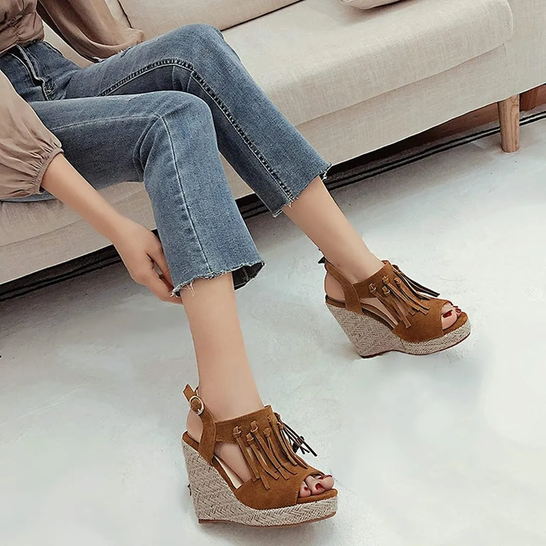 VOKLIN Women's Fringed Espadrilles Wedge Sandals Open Toe Slingback Platform High Heel Tassels Dress Sandal