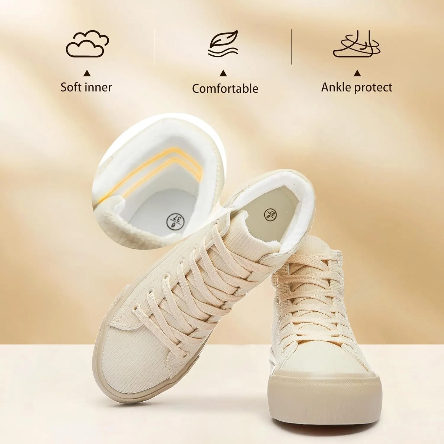 Waluzs Women's Platforms Sneakers White High Top Sneakers for Women Fashion Platform Shoes Classic Lace Up Tennis Shoes (Breathable,Comfortable)