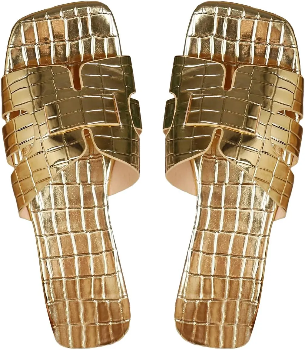 WDIRARA Women's H Sandals Crocodile Embossed Cut Out Flat Sandals Open Toe H Cross Strappy Slide Sandals