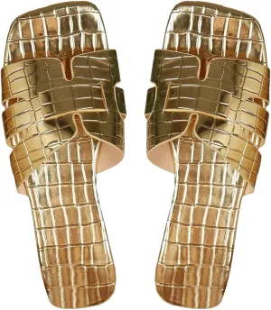 WDIRARA Women's H Sandals Crocodile Embossed Cut Out Flat Sandals Open Toe H Cross Strappy Slide Sandals