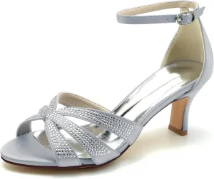 Wedding Bridal Shoes Women Sandals Peep Satin Open Toe Low Heel Ankle Strap Dress Shoes Womens Pumps Party Heels 6.5Cm,Silver,7