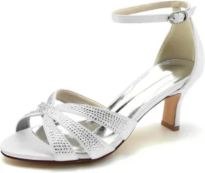 Wedding Bridal Shoes Women Sandals Peep Satin Open Toe Low Heel Ankle Strap Dress Shoes Womens Pumps Party Heels 6.5Cm,White,6