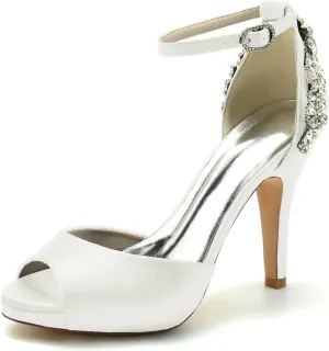 Wedding Bride Heeled Sandals Wedding Shoes Women's Peep Toe Platform High Heel Rhinestones Satin Evening Prom Pumps Heels 10Cm