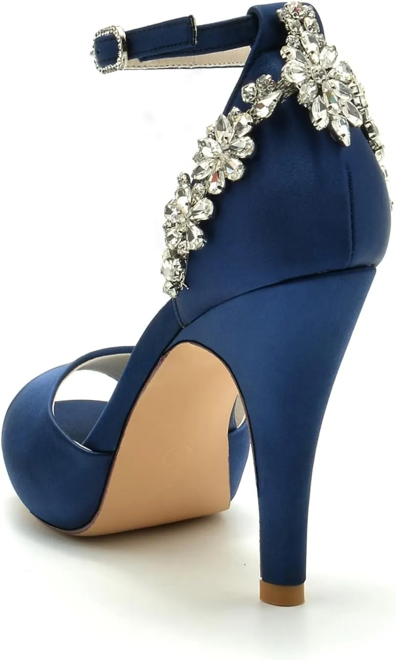 Wedding Bride Heeled Sandals Wedding Shoes Women's Peep Toe Platform High Heel Rhinestones Satin Evening Prom Pumps Heels 10Cm