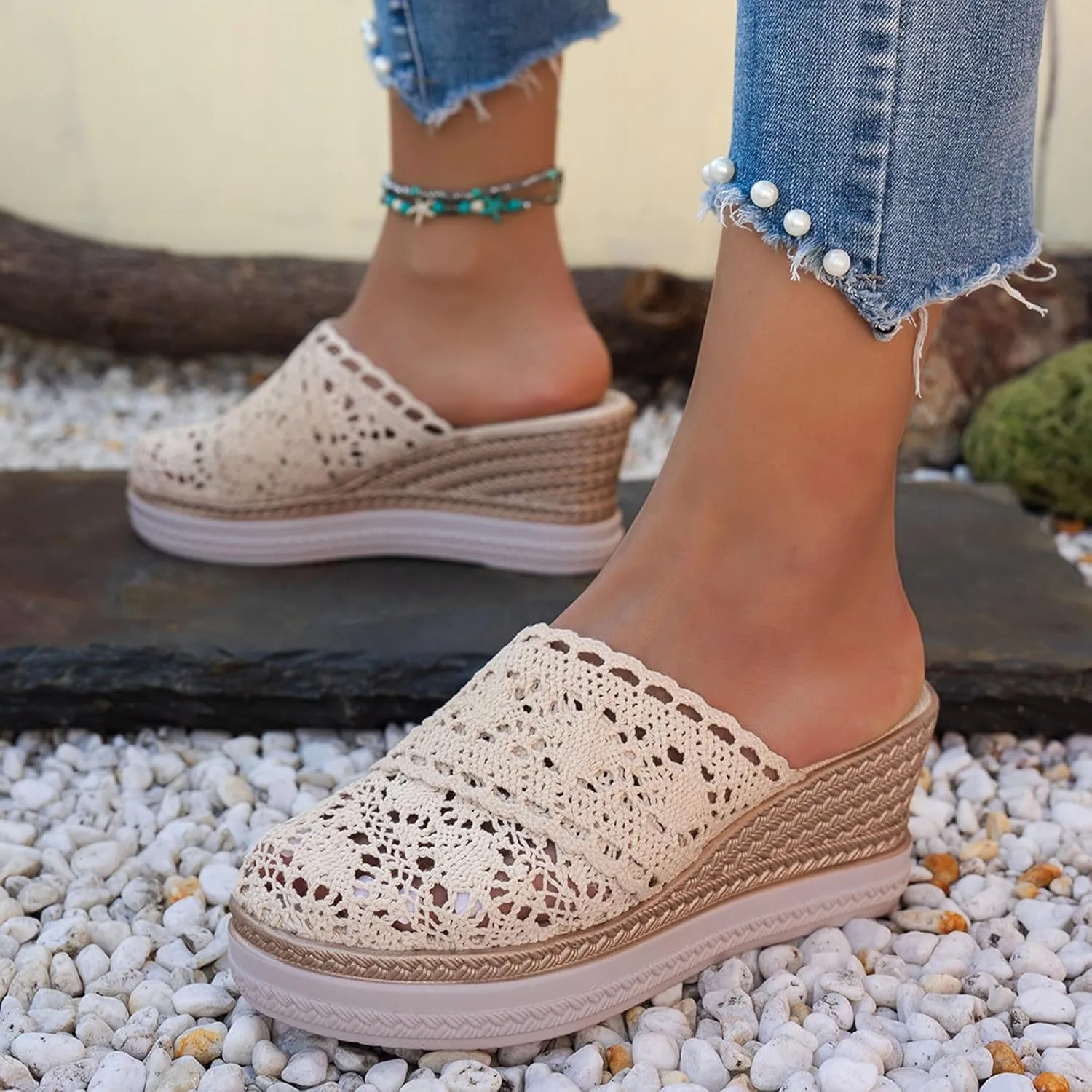 Wedge Platform Sandals for Women Lace Closed Toe Espadrilles Cute Mules Women Slip On Summer Mule High Heels Slipper