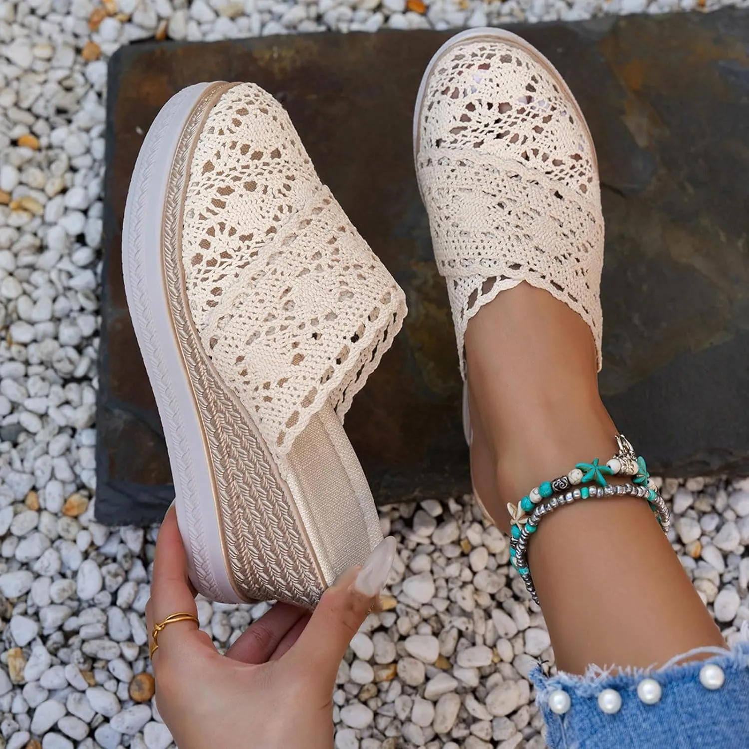 Wedge Platform Sandals for Women Lace Closed Toe Espadrilles Cute Mules Women Slip On Summer Mule High Heels Slipper