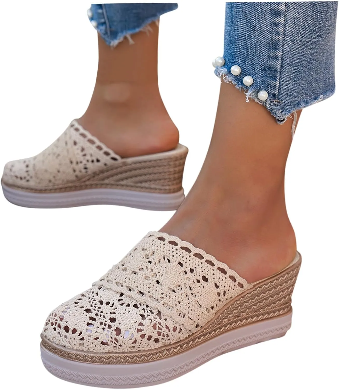Wedge Platform Sandals for Women Lace Closed Toe Espadrilles Cute Mules Women Slip On Summer Mule High Heels Slipper