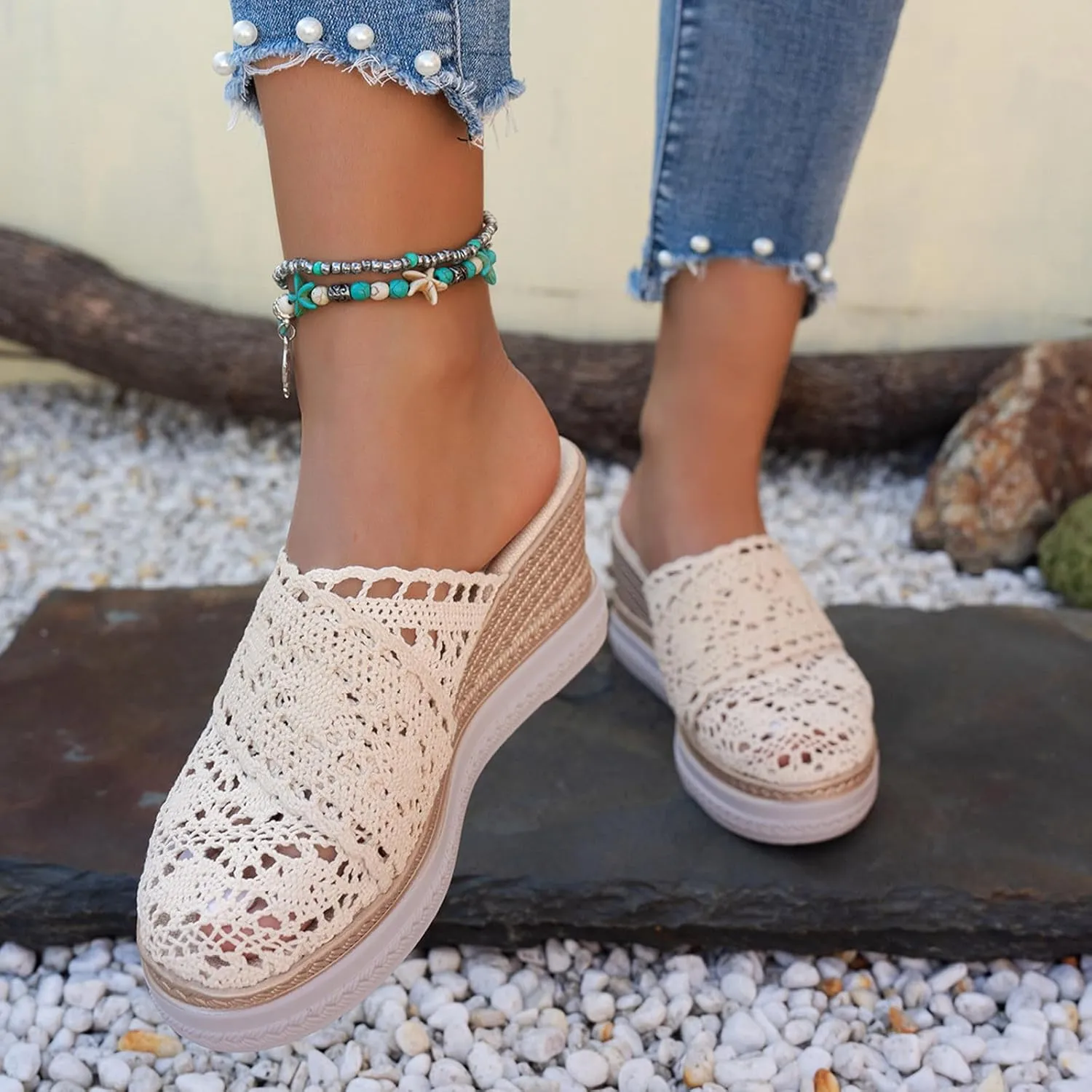 Wedge Platform Sandals for Women Lace Closed Toe Espadrilles Cute Mules Women Slip On Summer Mule High Heels Slipper