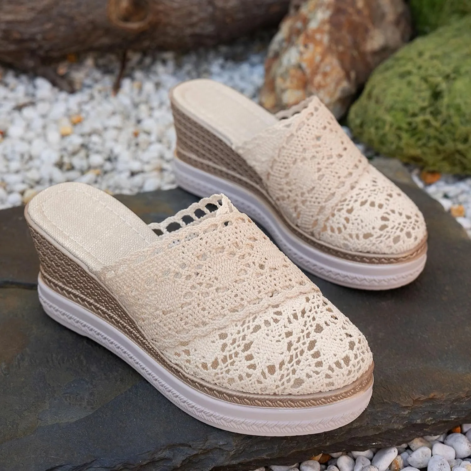 Wedge Platform Sandals for Women Lace Closed Toe Espadrilles Cute Mules Women Slip On Summer Mule High Heels Slipper