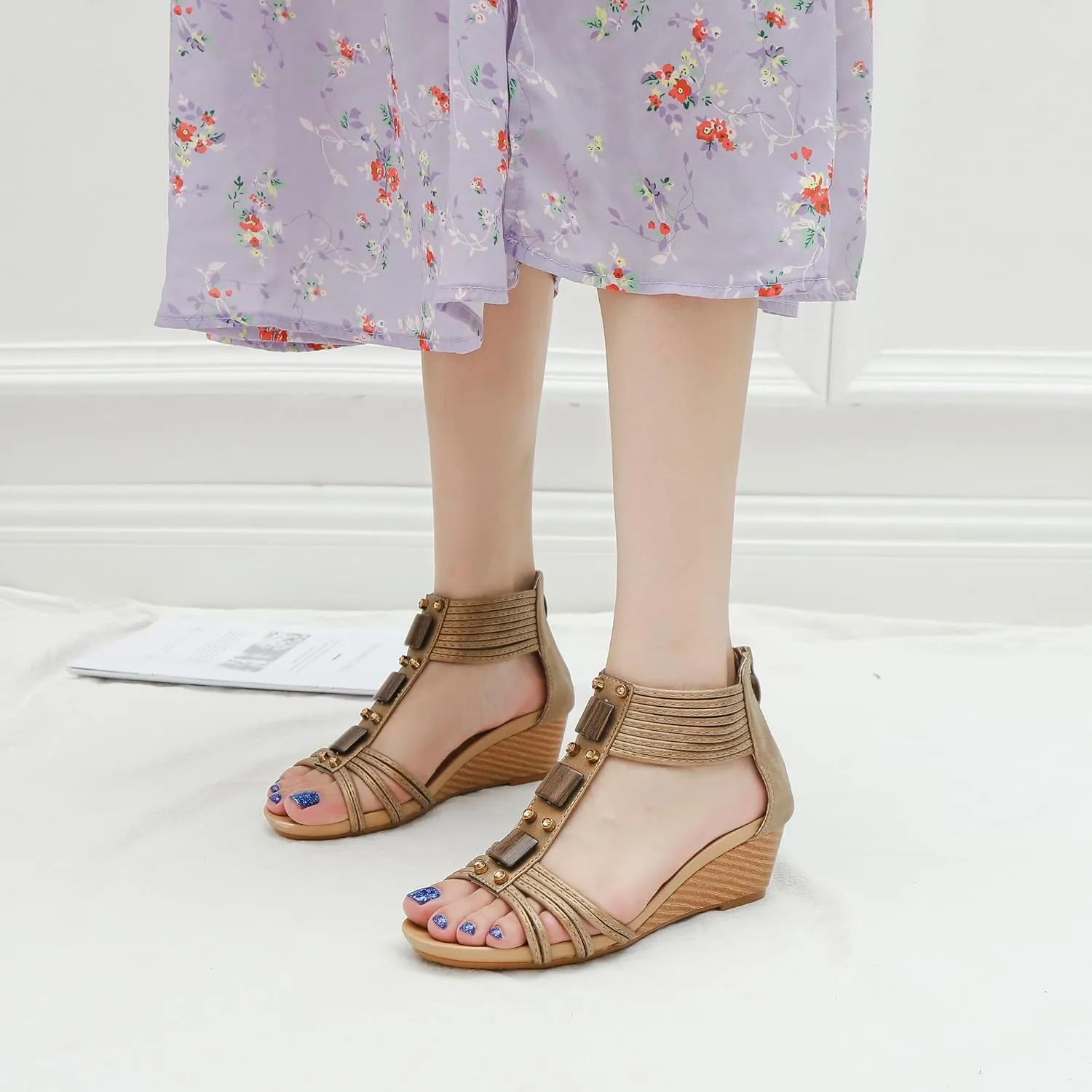 Wedge Sandals for Women Bohemia Open Toe Casual Summer Womens Sandals Roman High Heel Dressy Womens Beach Shoes