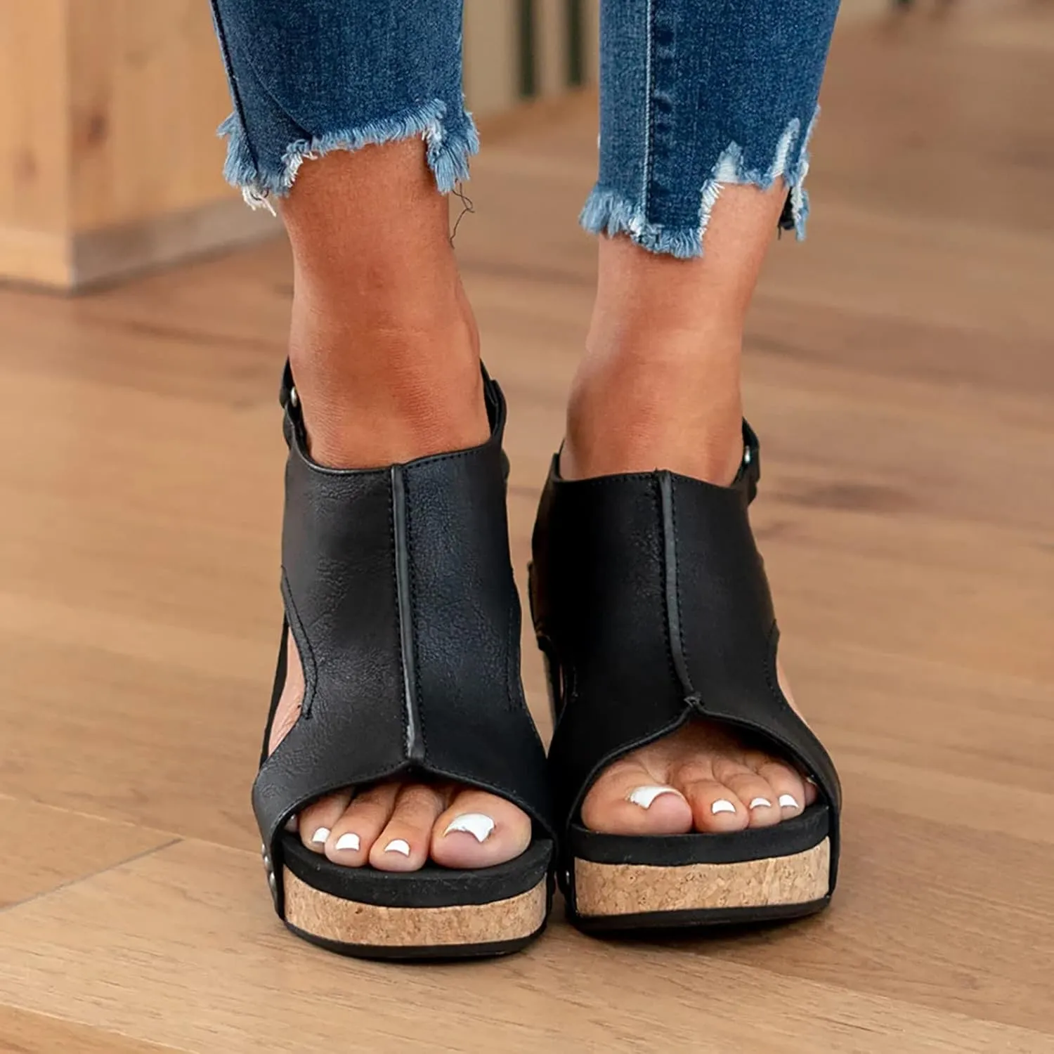 Wedge Sandals for Women Dressy Summer, Womens Open Toe Espadrilles Platform Sandals Buckle Ankle Strap Wedge Sandals Leather Sandals Casual Low Wedges Walking Strappy Slip on Sandals (A-Black, 8.5)