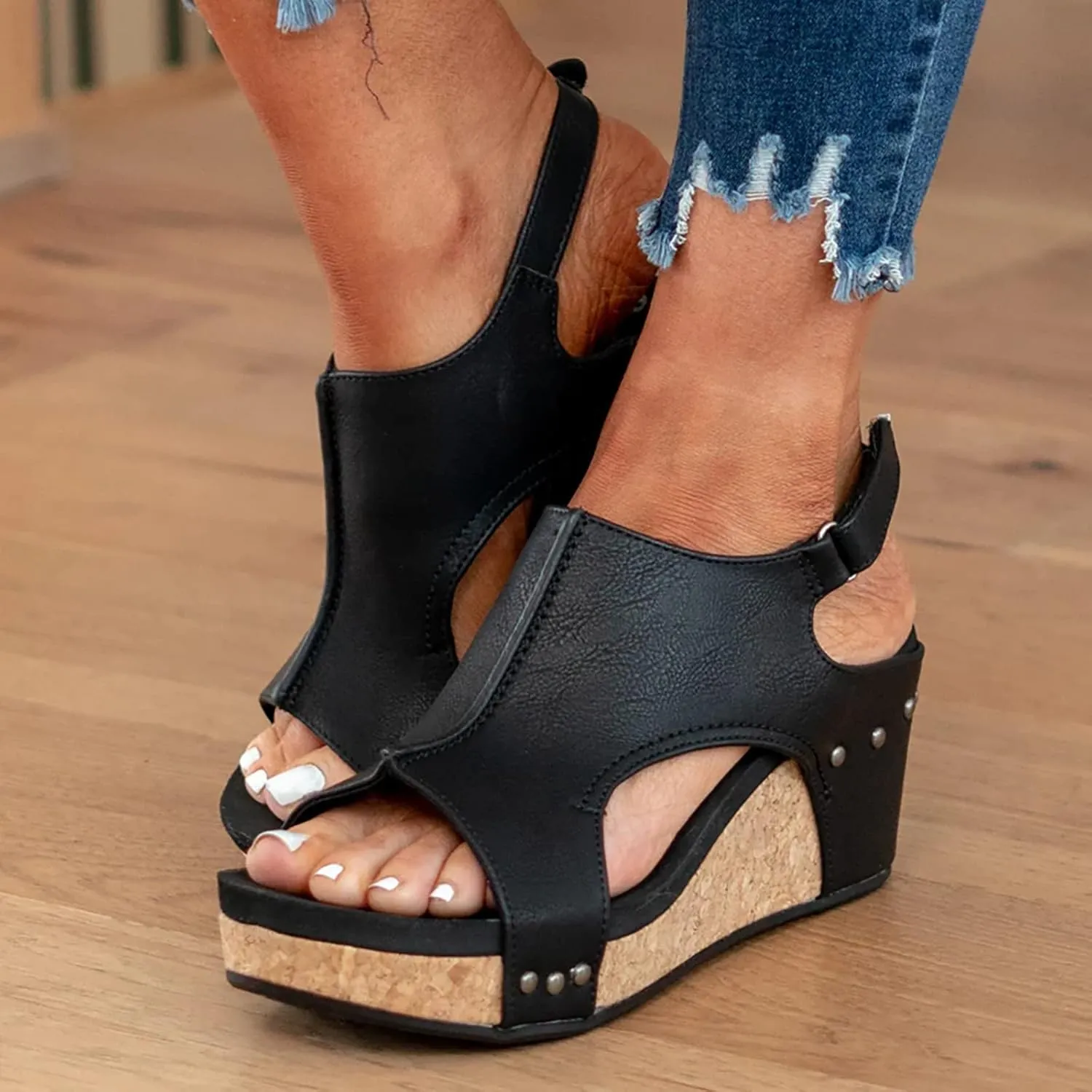 Wedge Sandals for Women Dressy Summer, Womens Open Toe Espadrilles Platform Sandals Buckle Ankle Strap Wedge Sandals Leather Sandals Casual Low Wedges Walking Strappy Slip on Sandals (A-Black, 8.5)