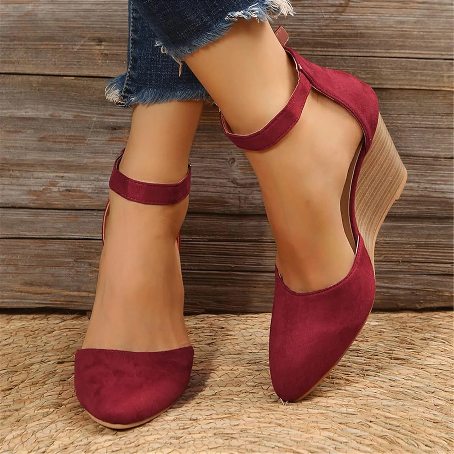 Wedge Sandals for Women, Summer Fashion Closed Toe Wedge Sandals Women Buckle Strap Pointed Toe High Heel Sandals
