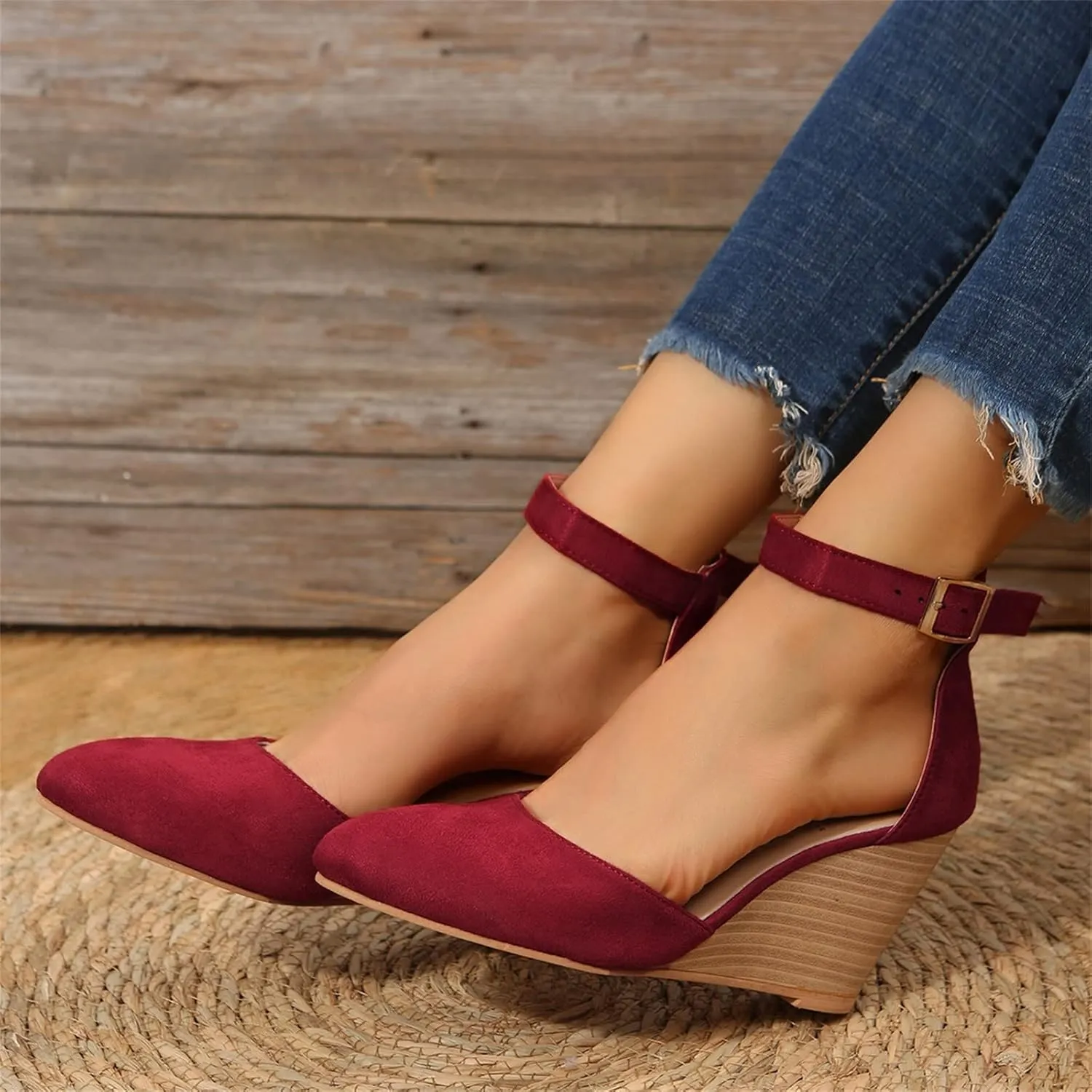 Wedge Sandals for Women, Summer Fashion Closed Toe Wedge Sandals Women Buckle Strap Pointed Toe High Heel Sandals