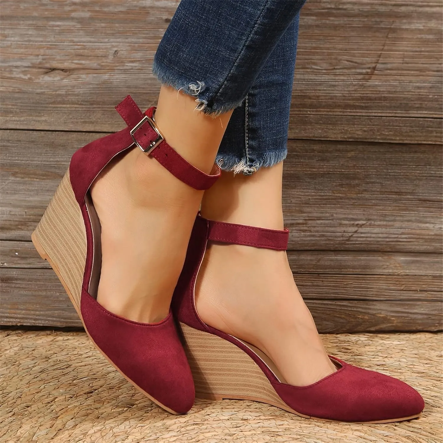 Wedge Sandals for Women, Summer Fashion Closed Toe Wedge Sandals Women Buckle Strap Pointed Toe High Heel Sandals