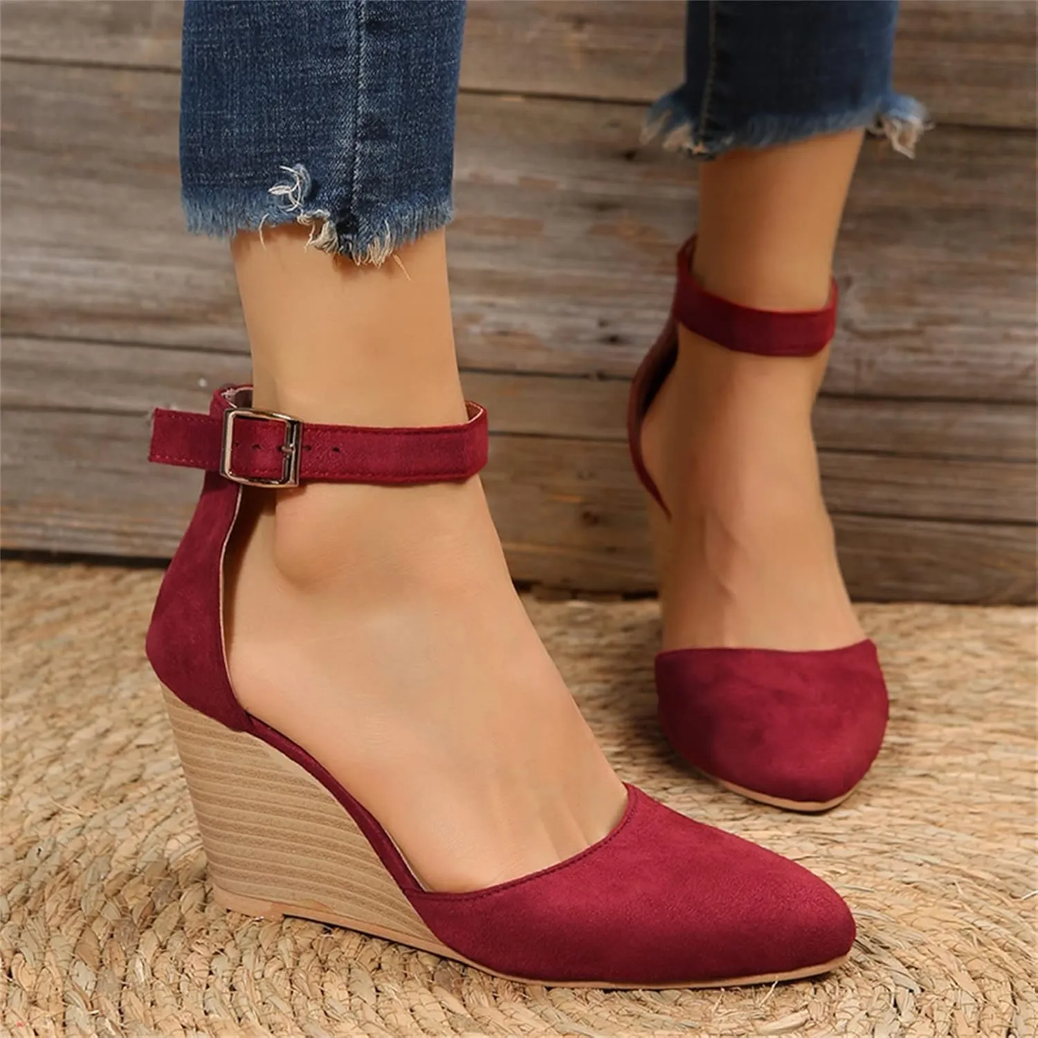 Wedge Sandals for Women, Summer Fashion Closed Toe Wedge Sandals Women Buckle Strap Pointed Toe High Heel Sandals
