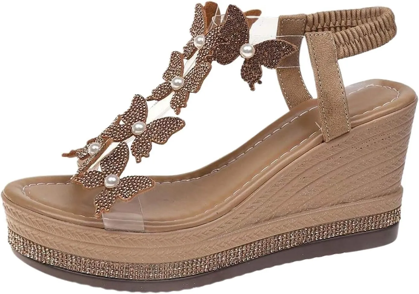 Wedge Sandals For Women Summer Slides Platform Sandals Flat Casual Rhinestone Beaded Sparkly Bling Bohemian Lace Flower Sandal Fashionable Butterfly Decor Cute Walking Shoes