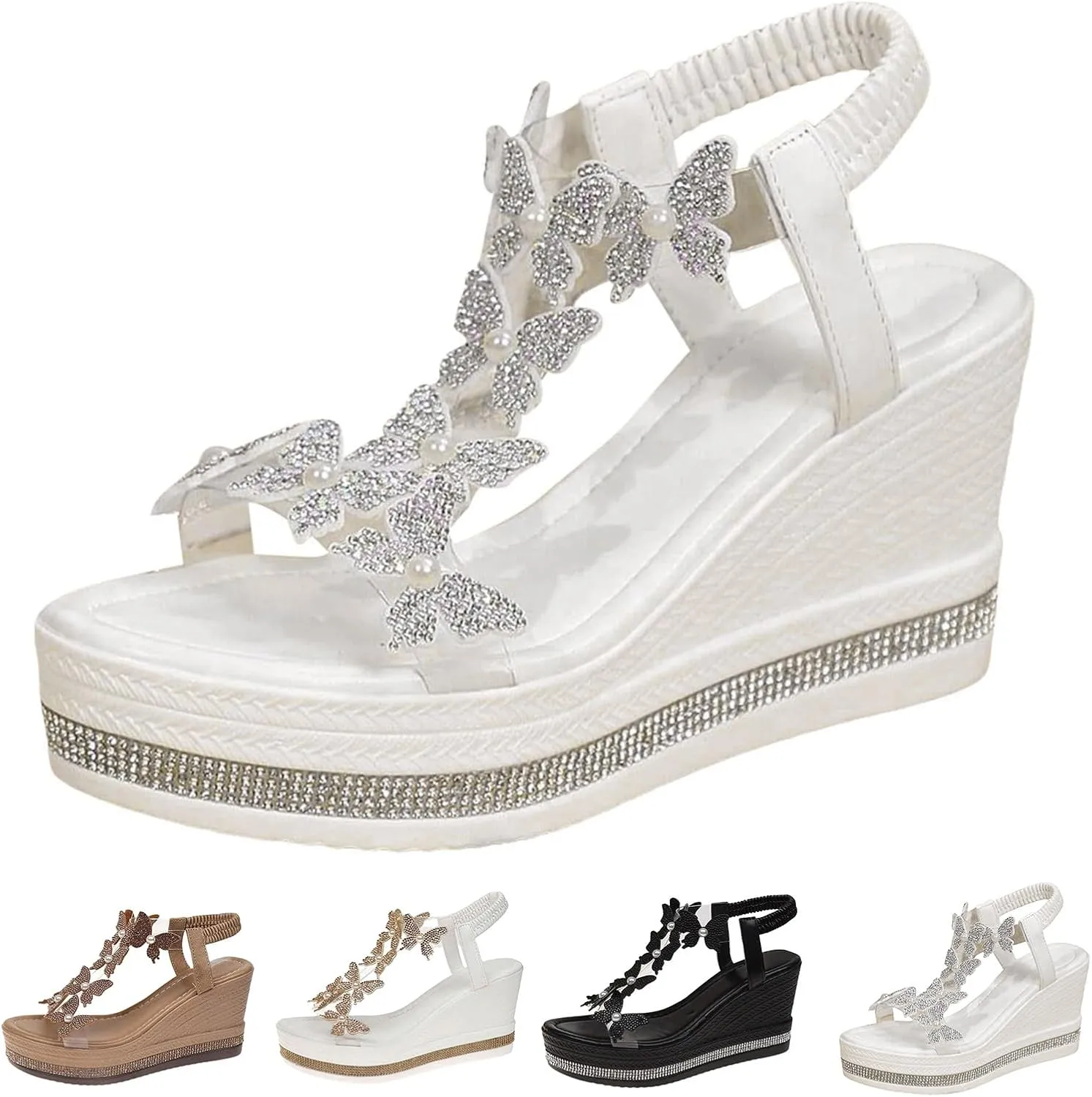 Wedge Sandals For Women Summer Slides Platform Sandals Flat Casual Rhinestone Beaded Sparkly Bling Bohemian Lace Flower Sandal Fashionable Butterfly Decor Cute Walking Shoes