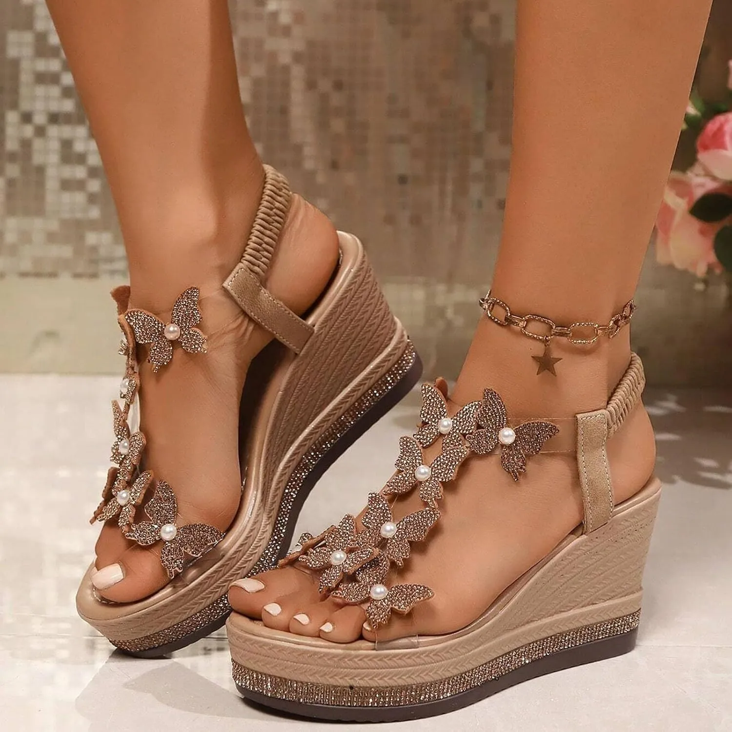 Wedge Sandals For Women Summer Slides Platform Sandals Flat Casual Rhinestone Beaded Sparkly Bling Bohemian Lace Flower Sandal Fashionable Butterfly Decor Cute Walking Shoes