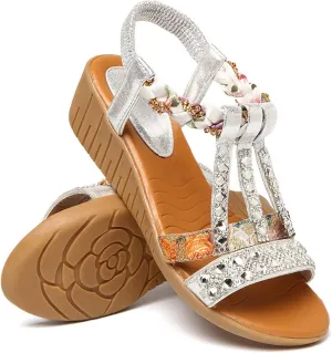 Wedge Sandals for Women,Comfortable Open Toe Sandal T-Strap Rhinestone Beaded Bohemia Beach Shoes Slip On Dressy Flat Sandals with Arch Support