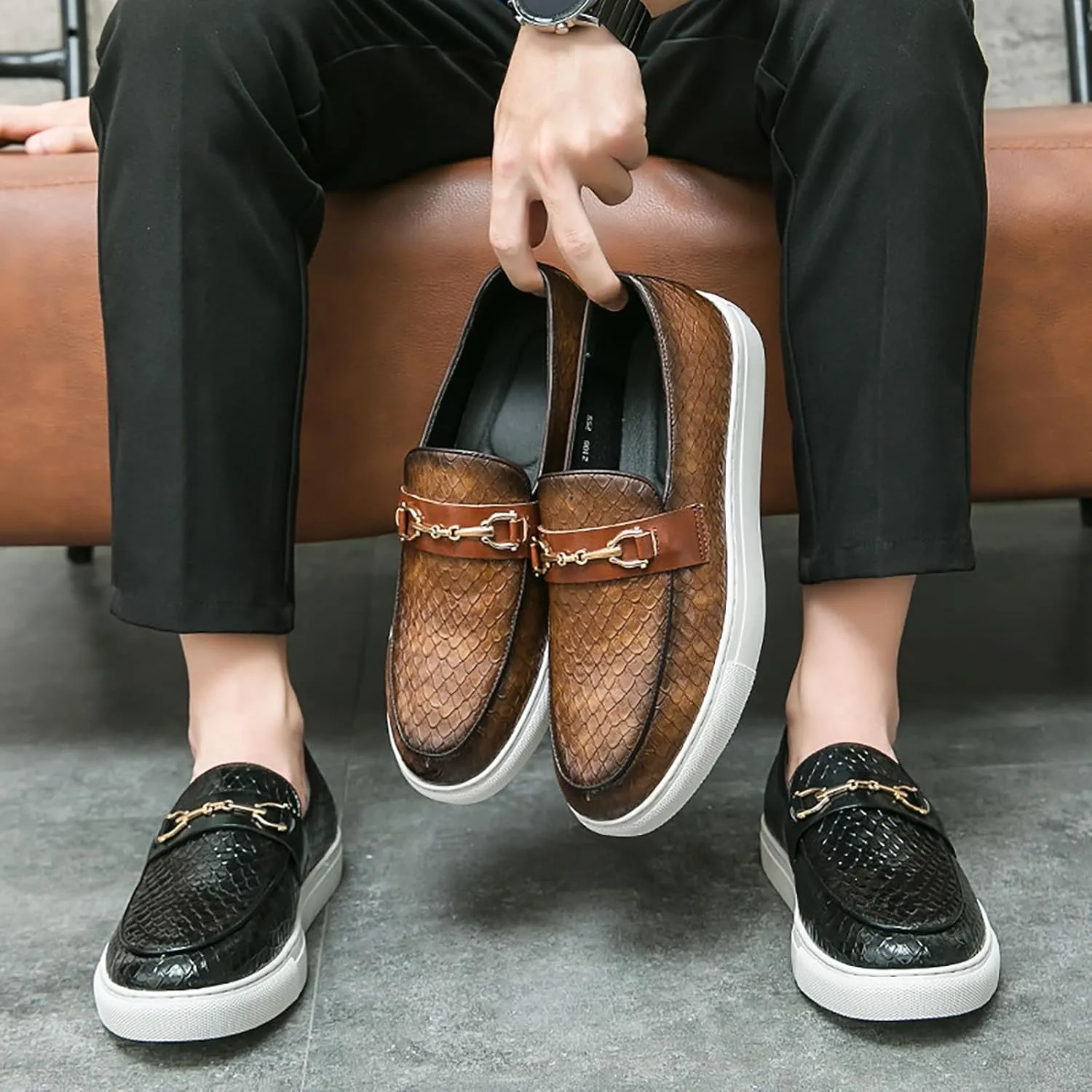 WENOREG Men's Crocodile Slip On Loafers,Fashion Pointed Toe Patent Leather Metal Buckle Comfortable Casual Walking Shoes Business Work Office Dress Moccasins Sneakers