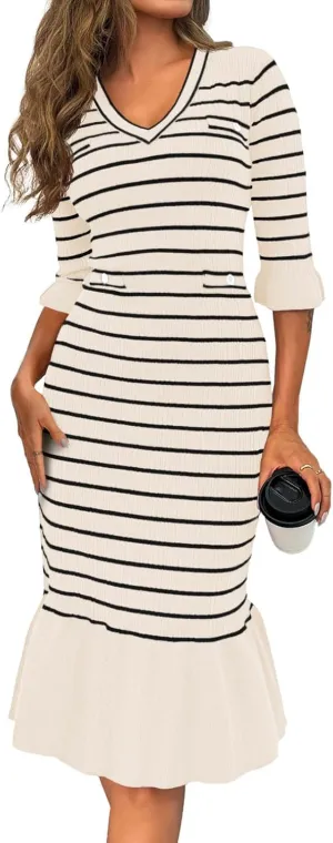 Wenrine Womens Striped Sweater Dress V Neck Half Sleeve Casual Knit Ruffle Fall Midi Dresses