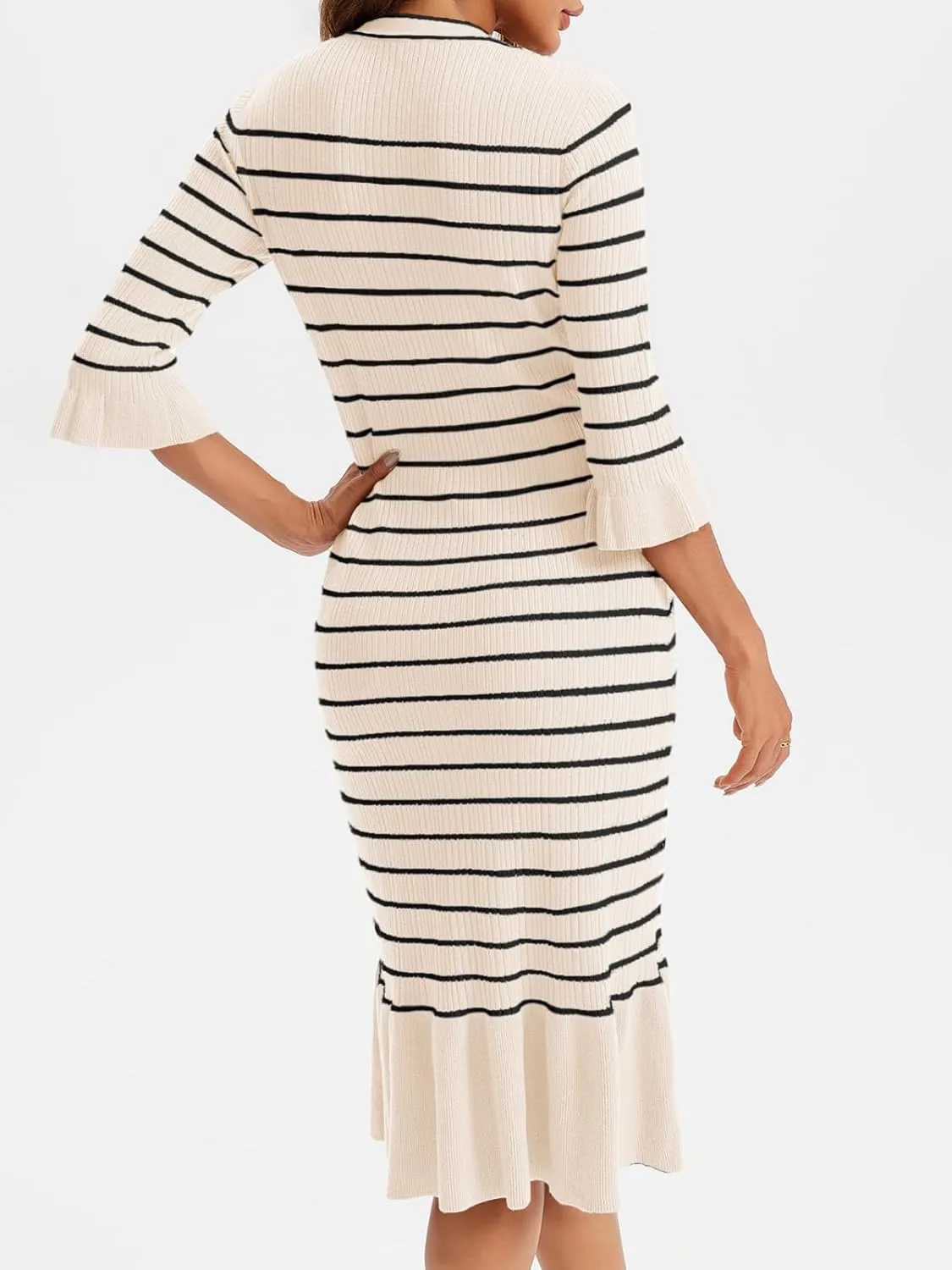 Wenrine Womens Striped Sweater Dress V Neck Half Sleeve Casual Knit Ruffle Fall Midi Dresses