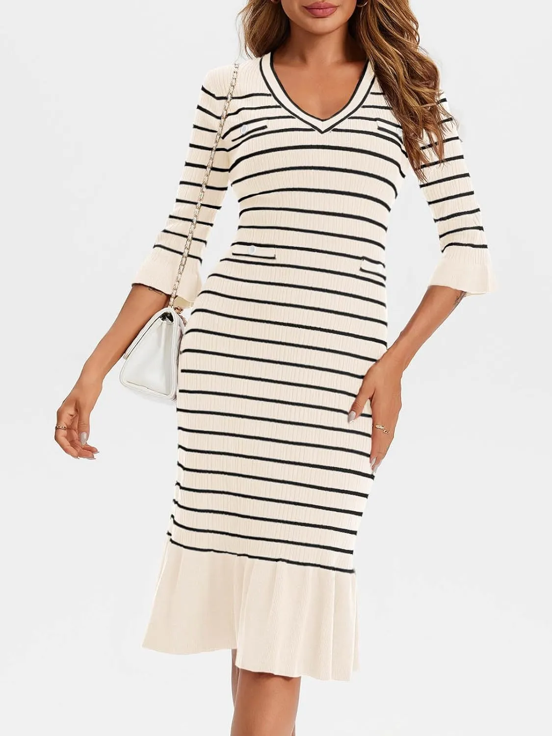 Wenrine Womens Striped Sweater Dress V Neck Half Sleeve Casual Knit Ruffle Fall Midi Dresses