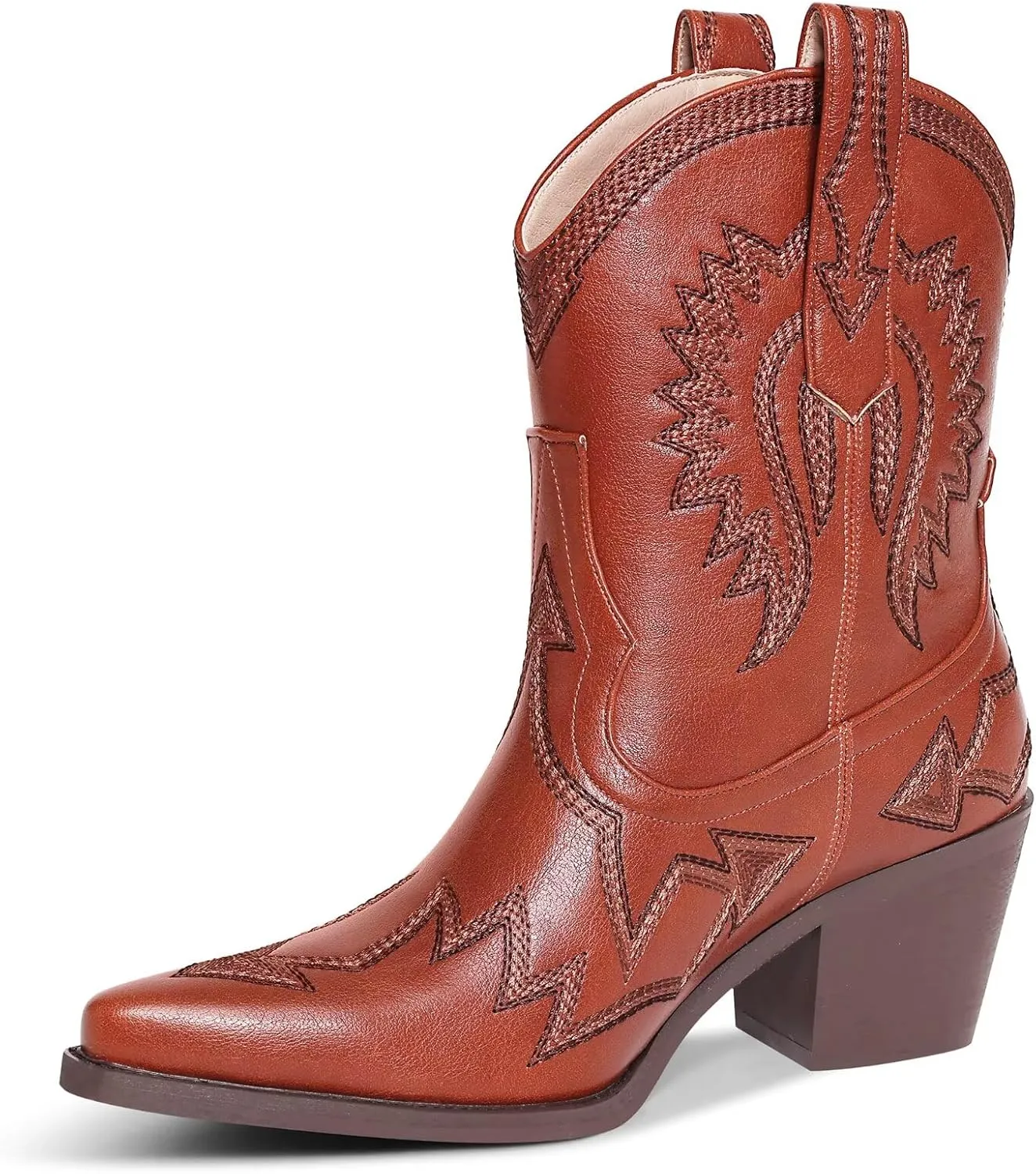 Western Boots for Women Metallic Embroidered Pointed Toe Cowgirl Boots Chunky Heel Pull-On Short Cowboy Boots Wide Calf Country Ankle Boots