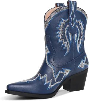 Western Boots for Women Metallic Embroidered Pointed Toe Cowgirl Boots Chunky Heel Pull-On Short Cowboy Boots Wide Calf Country Ankle Boots