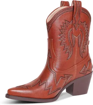 Western Boots for Women Metallic Embroidered Pointed Toe Cowgirl Boots Chunky Heel Pull-On Short Cowboy Boots Wide Calf Country Ankle Boots
