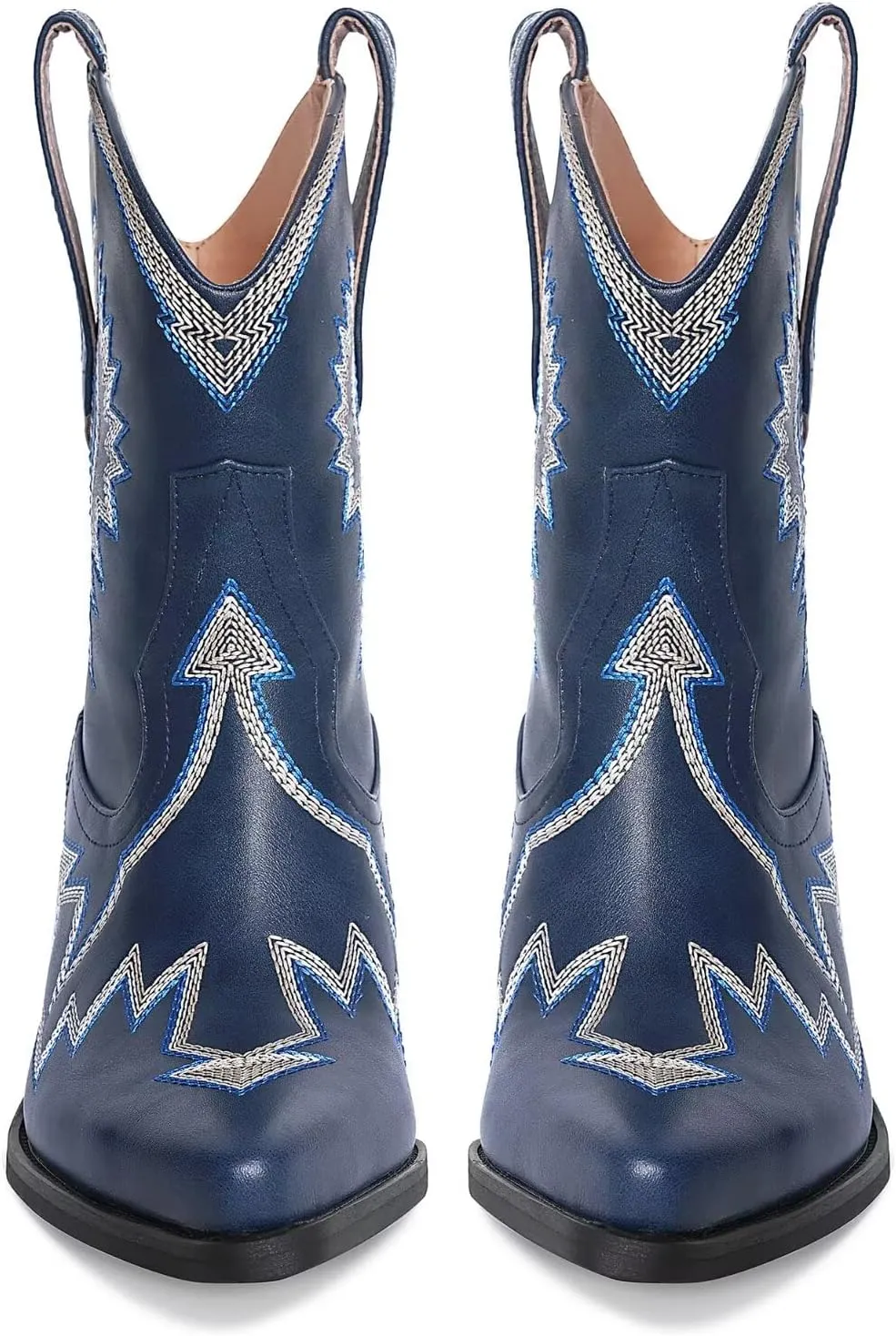 Western Boots for Women Metallic Embroidered Pointed Toe Cowgirl Boots Chunky Heel Pull-On Short Cowboy Boots Wide Calf Country Ankle Boots