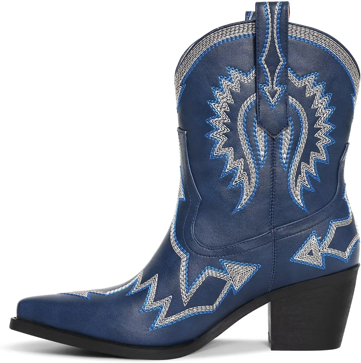Western Boots for Women Metallic Embroidered Pointed Toe Cowgirl Boots Chunky Heel Pull-On Short Cowboy Boots Wide Calf Country Ankle Boots