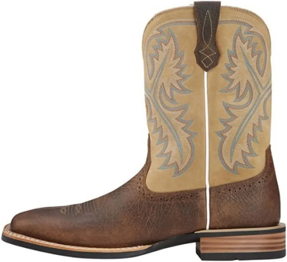 Western Cowboy Boots for Men Boot Embroidery Shoes Square Toe Mid Calf