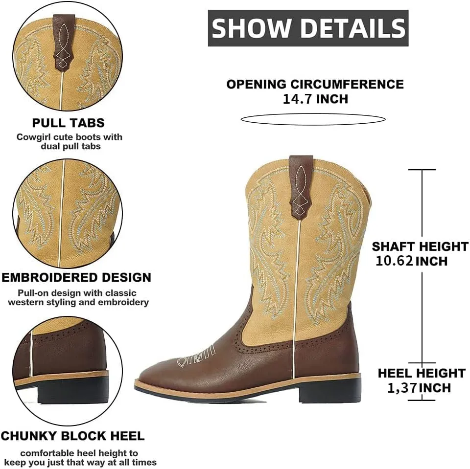 Western Cowboy Boots for Men Boot Embroidery Shoes Square Toe Mid Calf