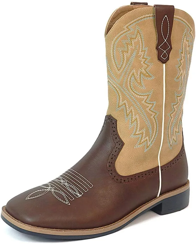 Western Cowboy Boots for Men Boot Embroidery Shoes Square Toe Mid Calf