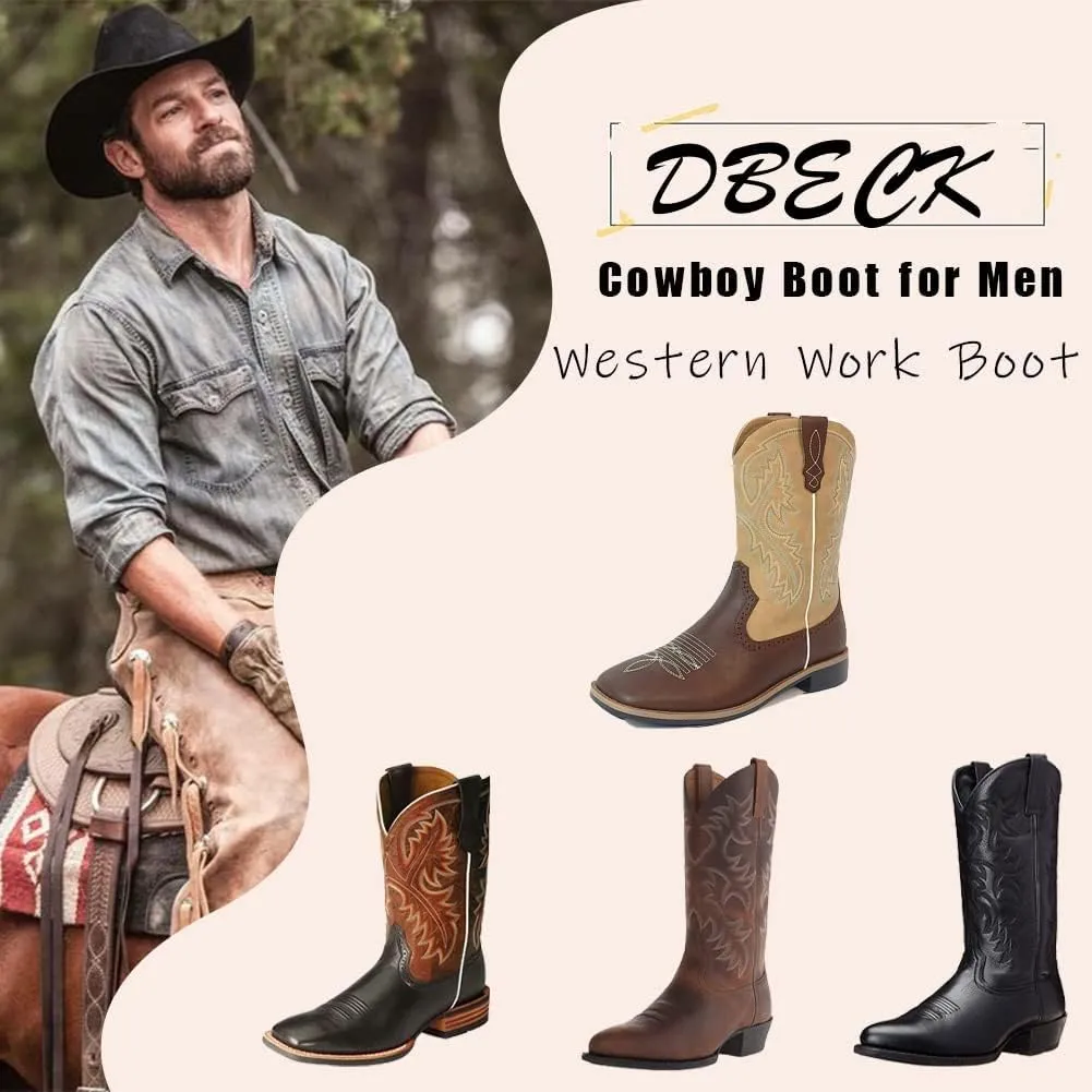 Western Cowboy Boots for Men Boot Embroidery Shoes Square Toe Mid Calf