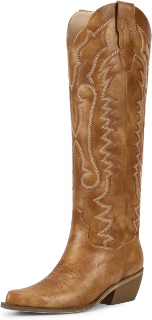 wetkiss Cowboy Boots for Women Knee High Cowgirl Boots, Western Boots with Floral Embroidered Pointed Toe Chunky Heel Pull On Retro Vintage Classic Tall Boots for Ladies