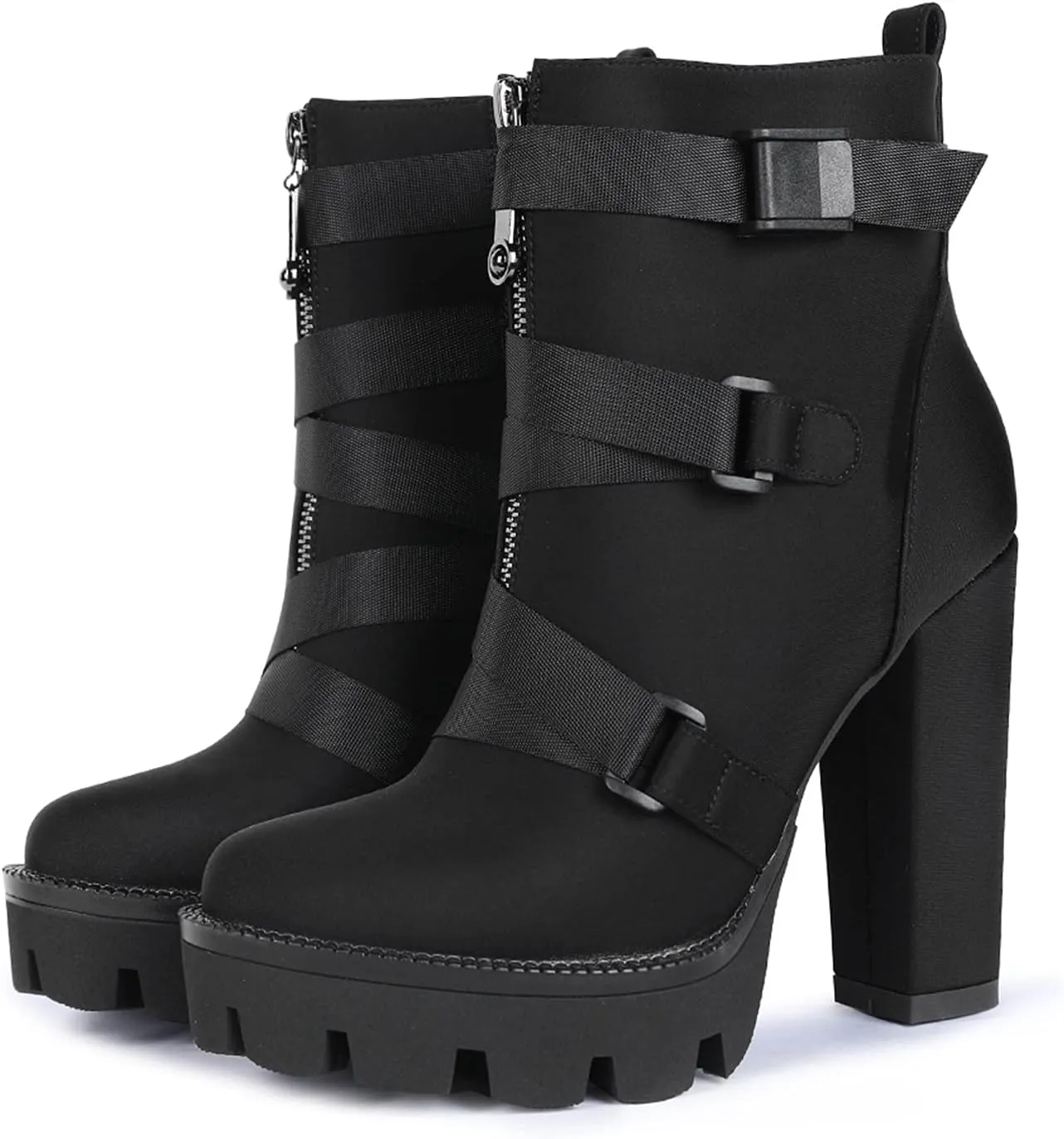 wetkiss Platform Boots for Women, Heeled Combat Boots Chunky Heel Booties Round Toe Lace Up High Heel Ankle Boots