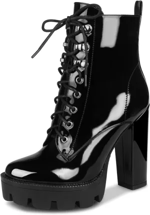 wetkiss Platform Boots for Women, Heeled Combat Boots Chunky Heel Booties Round Toe Lace Up High Heel Ankle Boots