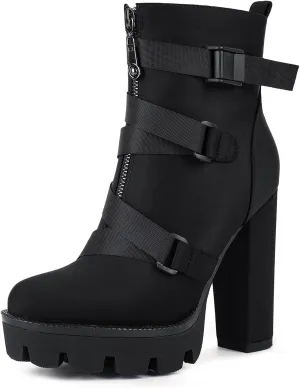 wetkiss Platform Boots for Women, Heeled Combat Boots Chunky Heel Booties Round Toe Lace Up High Heel Ankle Boots