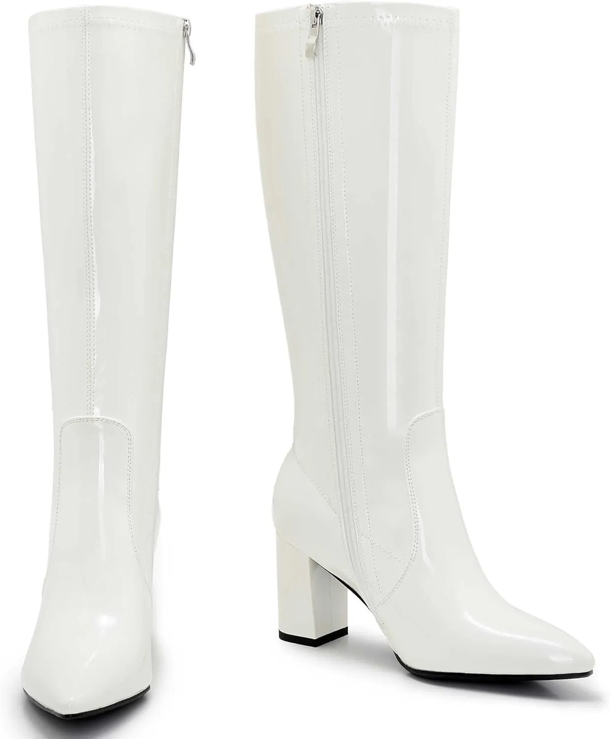 Wide Calf Knee High Boots For Women Plus Size Side Zipper Leather Chunky Heel Boots Heeled Pointed Toe Tall