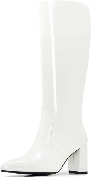 Wide Calf Knee High Boots For Women Plus Size Side Zipper Leather Chunky Heel Boots Heeled Pointed Toe Tall